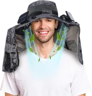 Chuarry Wide Brim Sun Hat with 2 Fan Outdoor Solar Powered USB Charging Fishing Hat with Neck Flap for Men Women