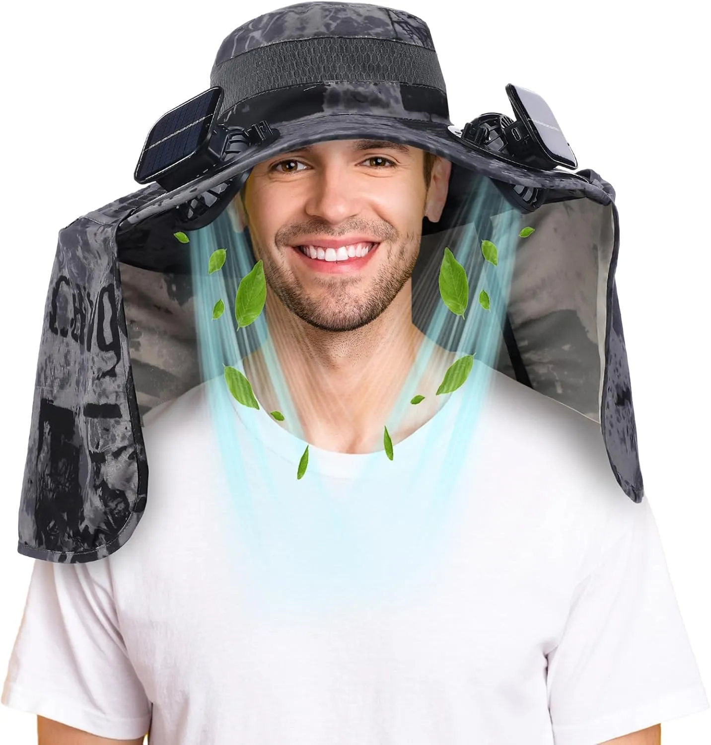 Chuarry Wide Brim Sun Hat with 2 Fan Outdoor Solar Powered USB Charging Fishing Hat with Neck Flap for Men Women