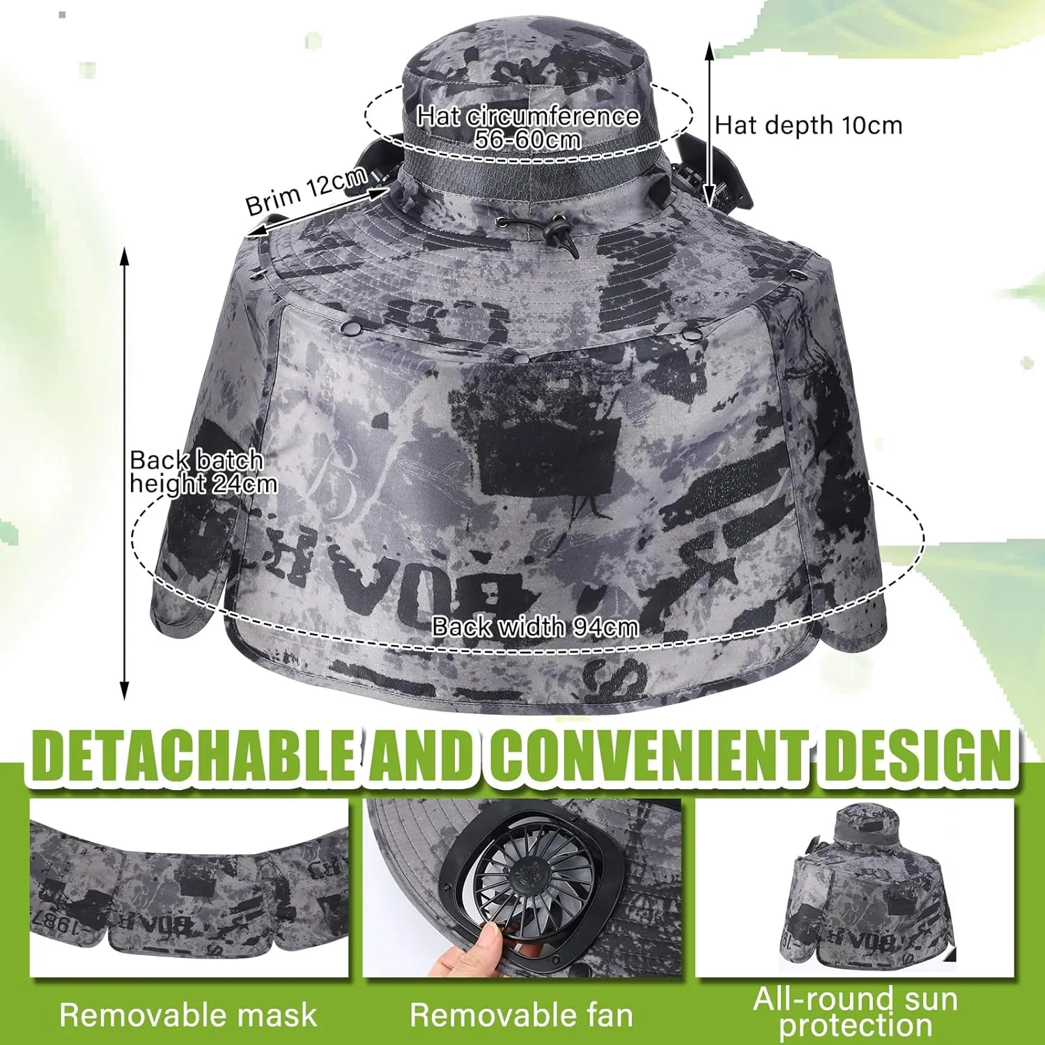 Chuarry Wide Brim Sun Hat with 2 Fan Outdoor Solar Powered USB Charging Fishing Hat with Neck Flap for Men Women