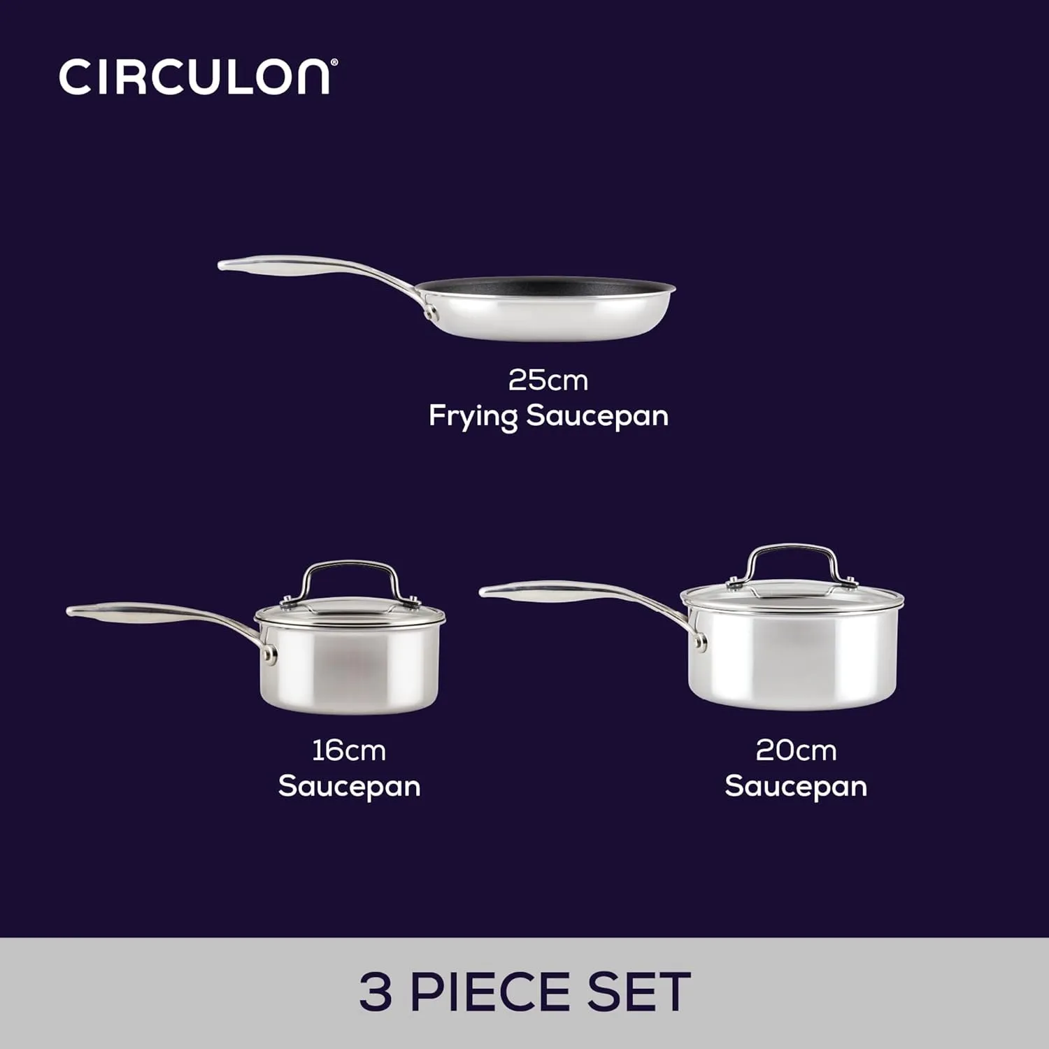 Circulon Scratch Defense Stainless Steel Pan Set: 3 Piece Induction Hob Pan Set with Extreme Non Stick, Induction & All Hob Suitable