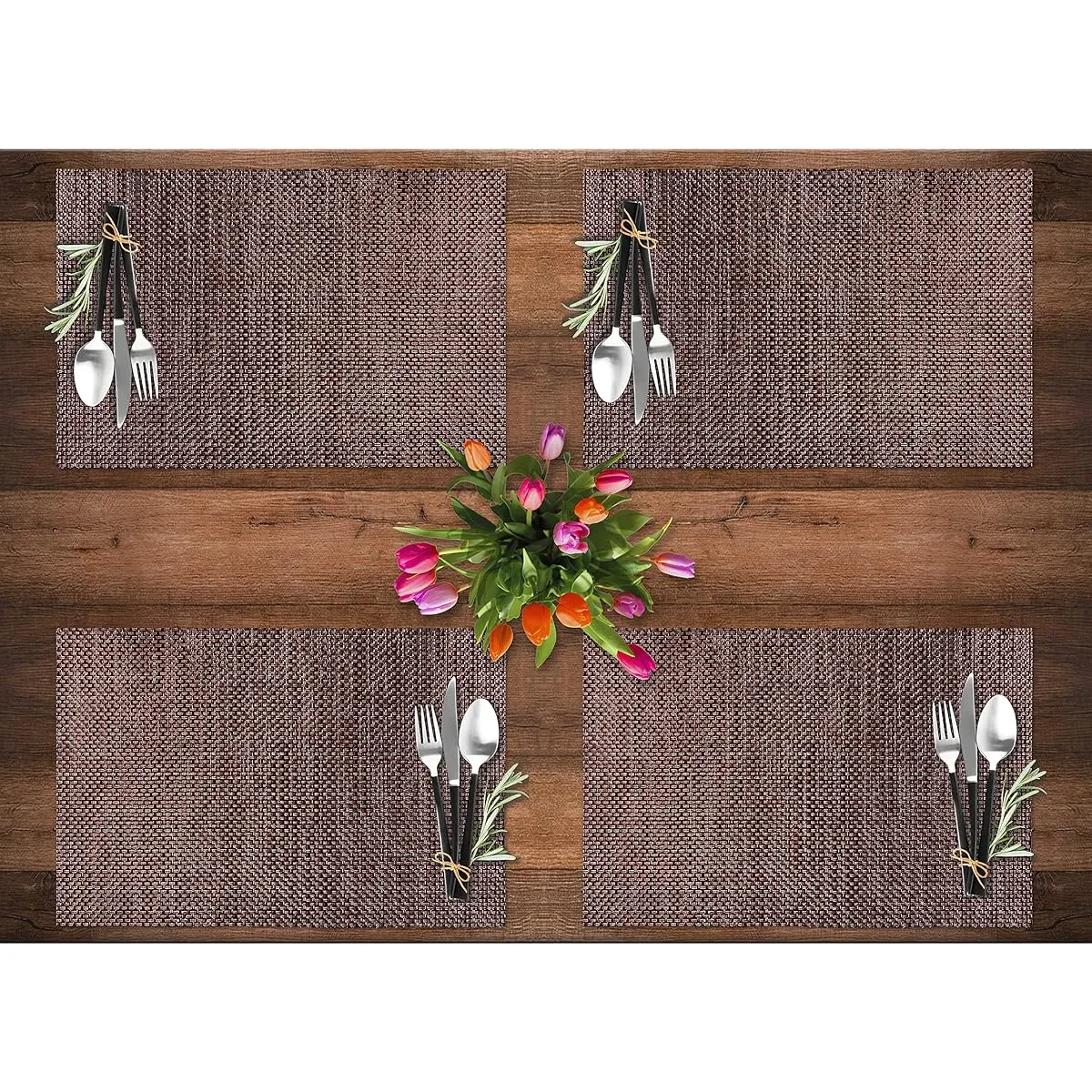 CK Home: Modern Style Set of 1 table runner and 4 placemats. Woven from durable vinyl/poly yarn. Easy to clean and store. Color: Brown, Coffee/Tan, Teal/Brown.