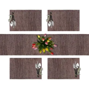CK Home: Modern Style Set of 1 table runner and 4 placemats. Woven from durable vinyl/poly yarn. Easy to clean and store. Color: Brown, Coffee/Tan, Teal/Brown.
