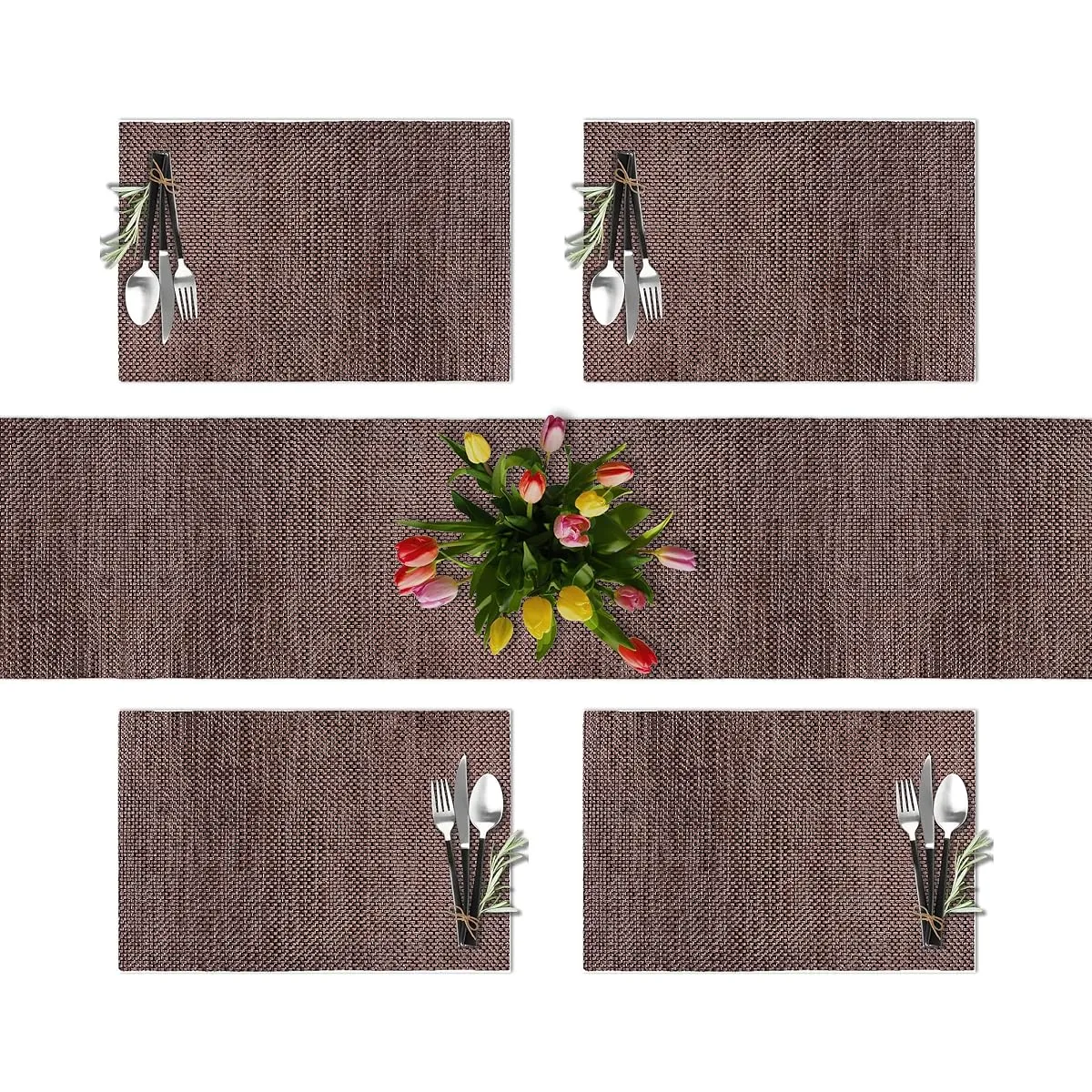 CK Home: Modern Style Set of 1 table runner and 4 placemats. Woven from durable vinyl/poly yarn. Easy to clean and store. Color: Brown, Coffee/Tan, Teal/Brown.