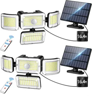 CLAONER Solar Outdoor Lights Motion Sensor 3500LM 288 LED Solar Security Lights with Remote Control IP67 Waterproof 4 Heads Solar Flood Lights with 16.4ft Cable 4 Modes Wall Lights(2 Pack)