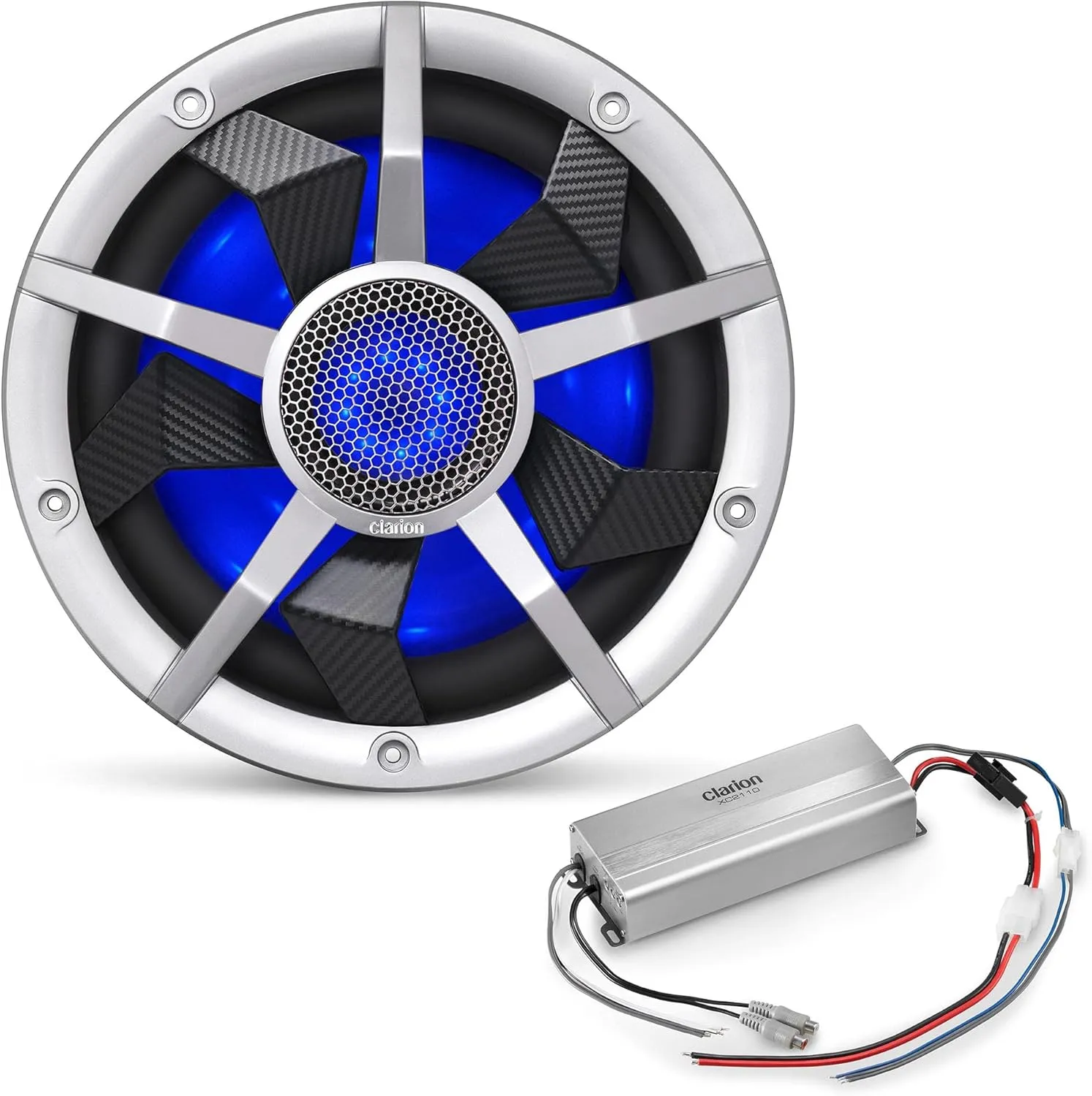 Clarion Marine Subwoofer Amplifier Bundle - 10" CM2513WL LED Sub Woofer and XC2110 Amplifier