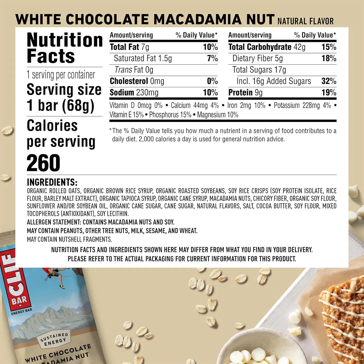 Clif Bar - White Chocolate Macadamia Nut Flavor - Made with Organic Oats - 9g Protein - Non-GMO - Plant Based - Energy Bars - 2.4 oz. (6 Pack)