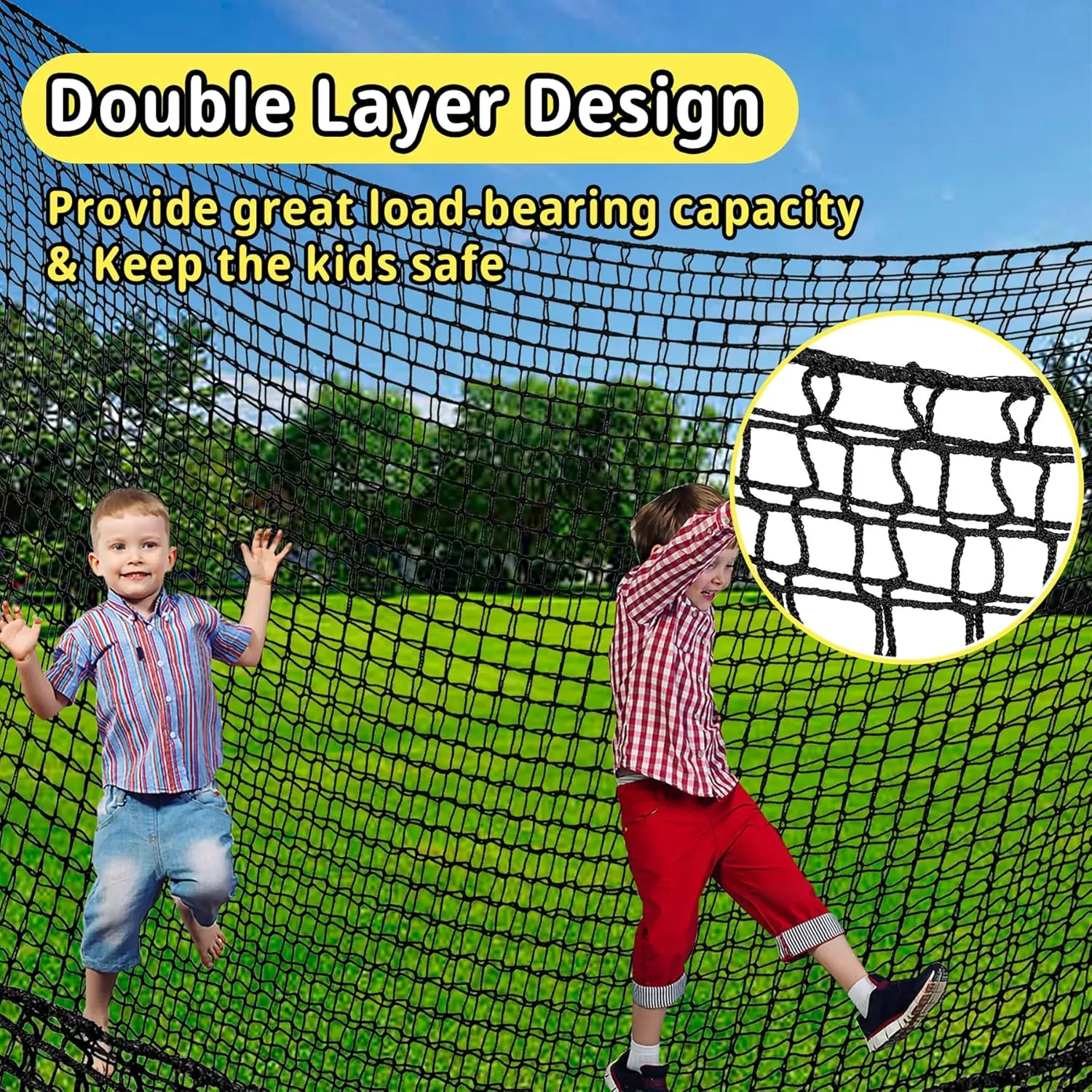 Climbing Cargo Net 9.8' x 9.8', Double Layers Playground Safety Net, with Storage Bag Climbing Net for Kids Outdoor Treehouse