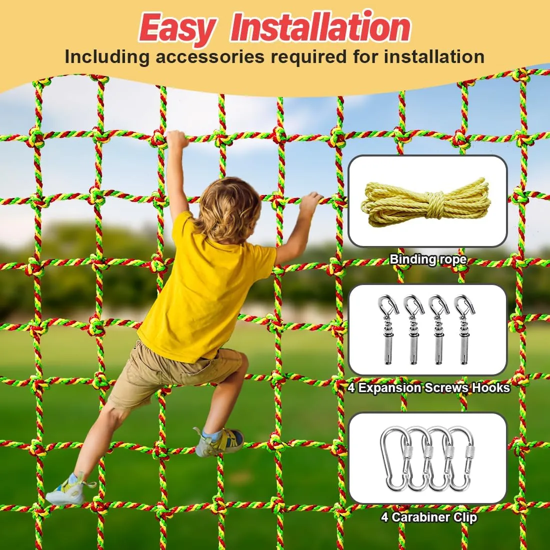 Climbing Net, 6.6ft X 6.6ft Polyester Climbing Cargo Net for Kids Outdoor, Heavy Duty Large Military Playground Equipment, Rope Ladder, Swingset, Indoor & Outdoor, Treehouse, Jungle Gyms