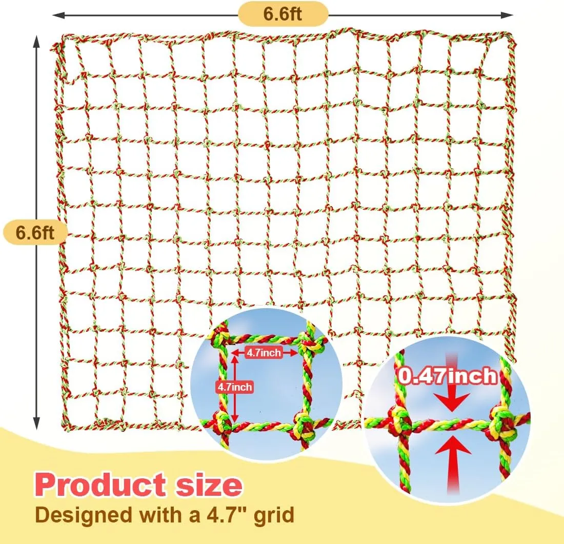 Climbing Net, 6.6ft X 6.6ft Polyester Climbing Cargo Net for Kids Outdoor, Heavy Duty Large Military Playground Equipment, Rope Ladder, Swingset, Indoor & Outdoor, Treehouse, Jungle Gyms