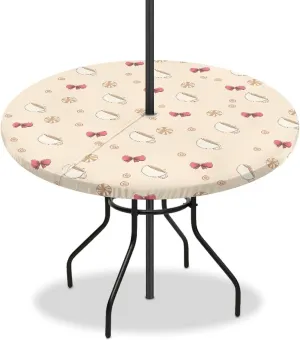 Coffee Bow Print Outdoor Tablecloth with Umbrella Hole Hidden Zipper Table Covers Waterproof Round Table Cloth Easy Clean Patio Table Protector