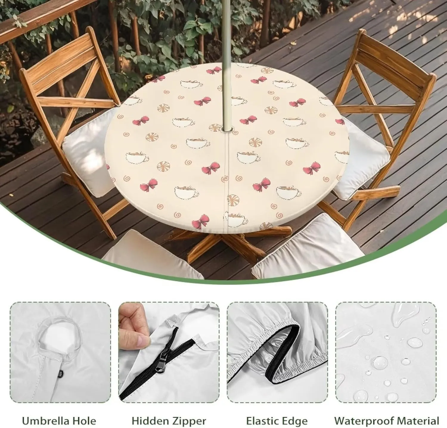 Coffee Bow Print Outdoor Tablecloth with Umbrella Hole Hidden Zipper Table Covers Waterproof Round Table Cloth Easy Clean Patio Table Protector