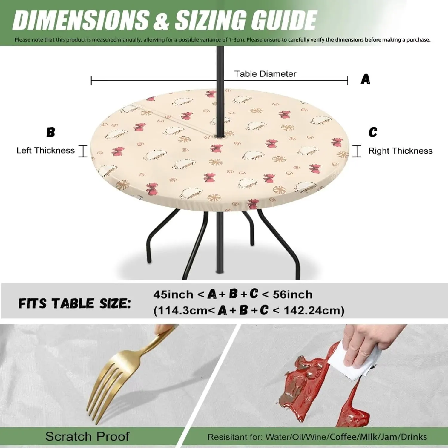 Coffee Bow Print Outdoor Tablecloth with Umbrella Hole Hidden Zipper Table Covers Waterproof Round Table Cloth Easy Clean Patio Table Protector