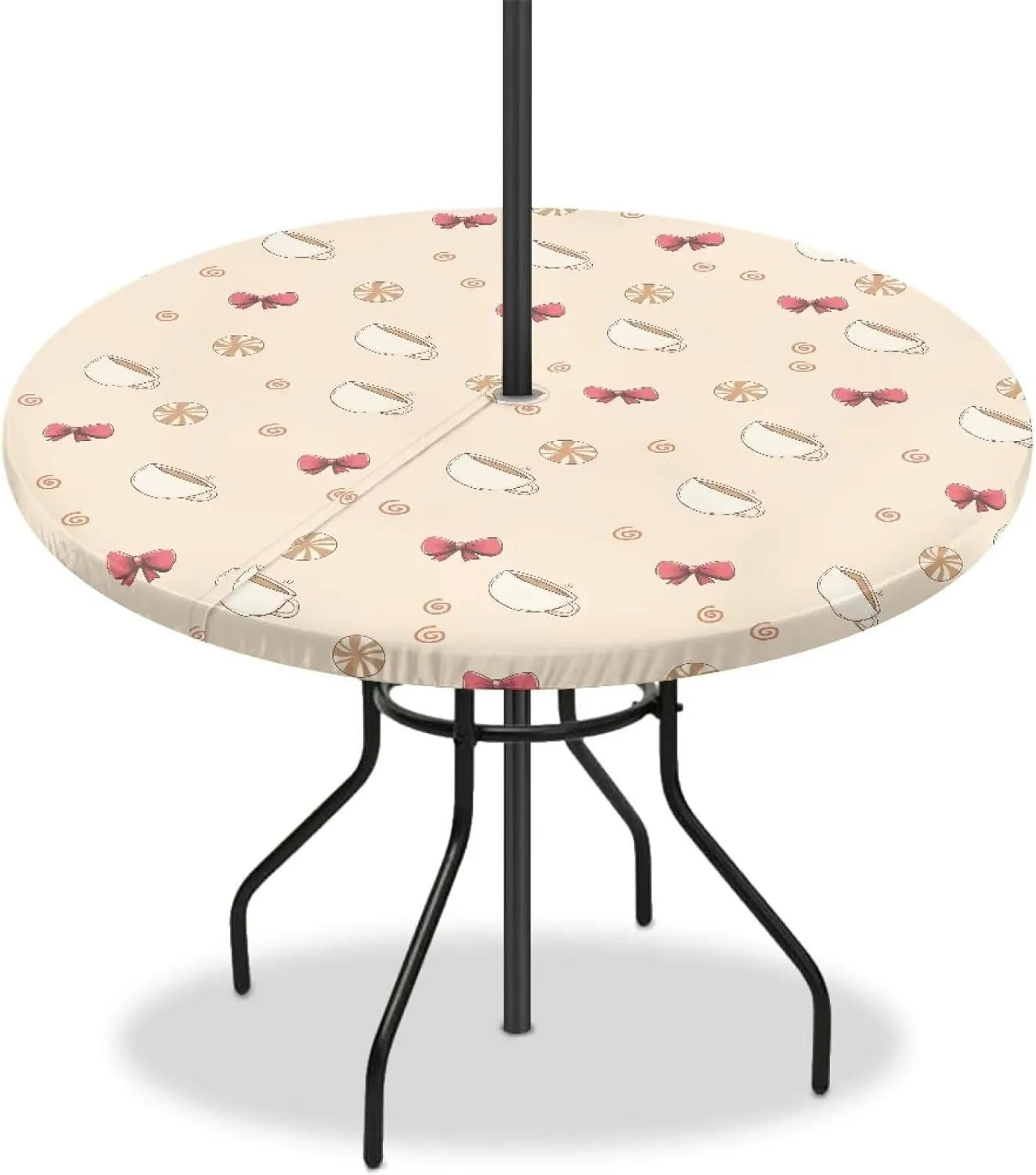 Coffee Bow Print Outdoor Tablecloth with Umbrella Hole Hidden Zipper Table Covers Waterproof Round Table Cloth Easy Clean Patio Table Protector