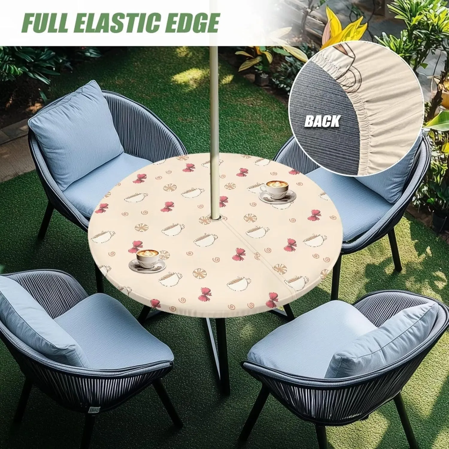 Coffee Bow Print Outdoor Tablecloth with Umbrella Hole Hidden Zipper Table Covers Waterproof Round Table Cloth Easy Clean Patio Table Protector