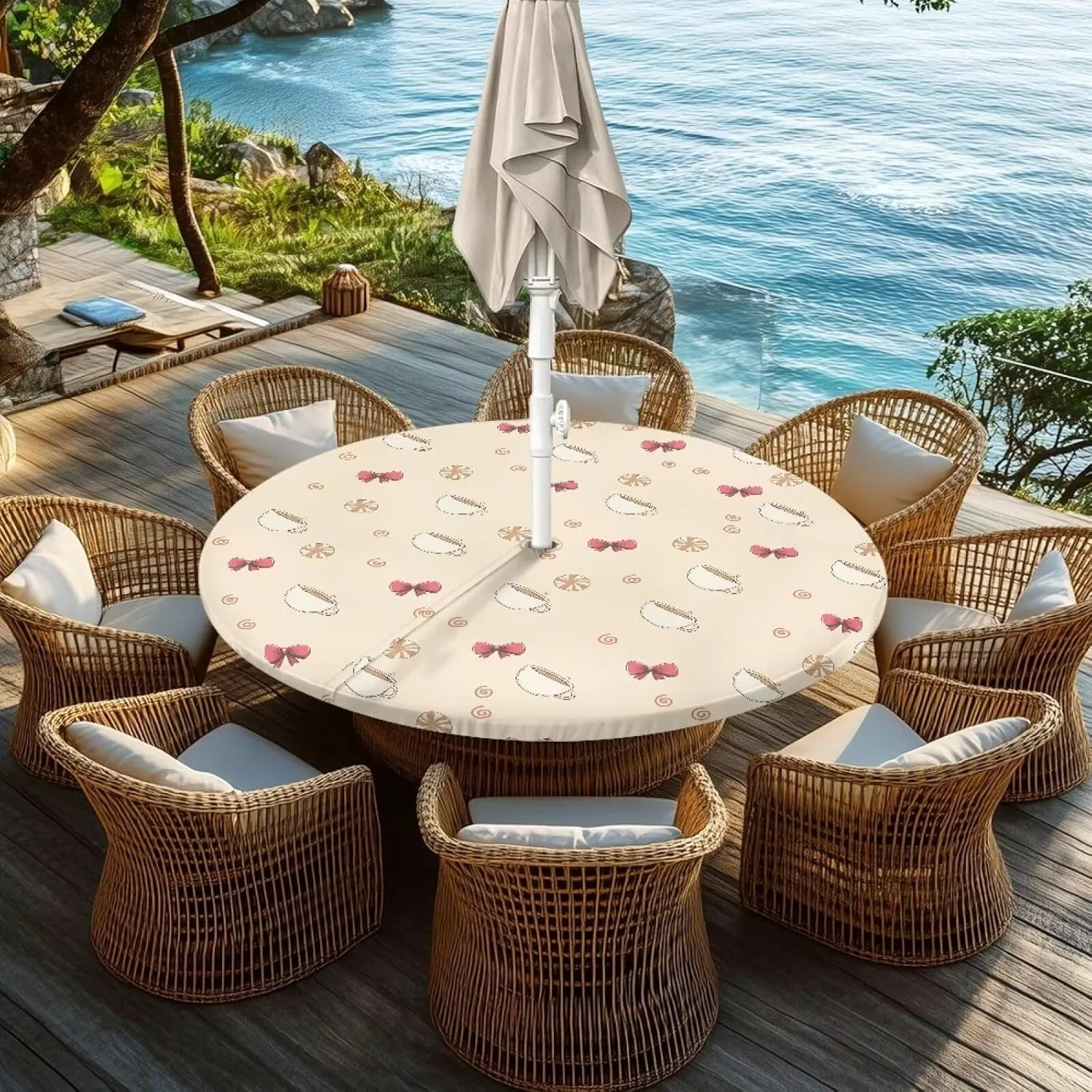 Coffee Bow Print Outdoor Tablecloth with Umbrella Hole Hidden Zipper Table Covers Waterproof Round Table Cloth Easy Clean Patio Table Protector