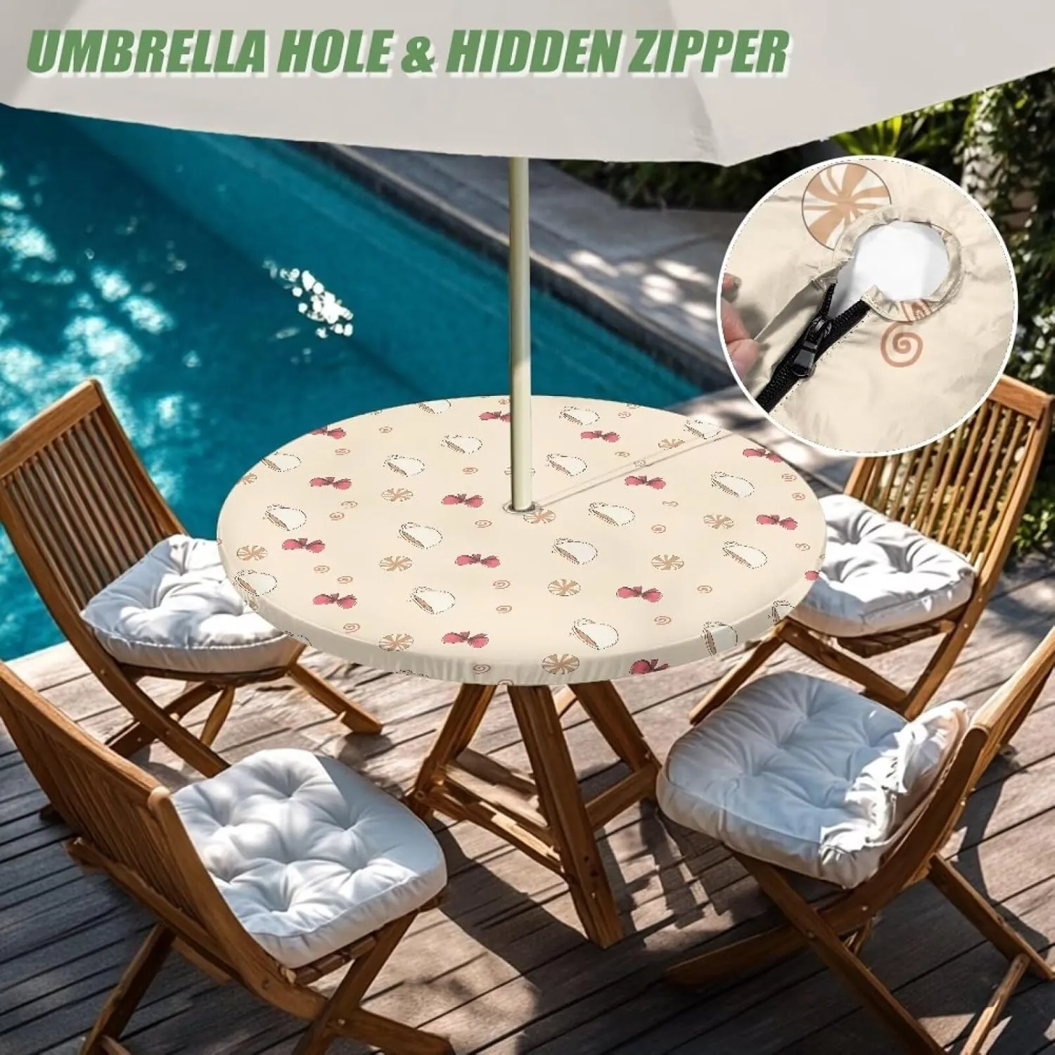 Coffee Bow Print Outdoor Tablecloth with Umbrella Hole Hidden Zipper Table Covers Waterproof Round Table Cloth Easy Clean Patio Table Protector