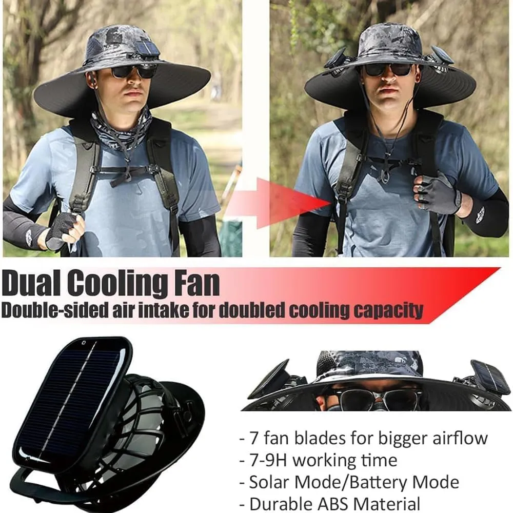 Colitt Fishing Hat, Solar Powered Fishing Hat, Solar Fan Hat with Dual Fans, Wide Brim Outdoor Hat for Hiking, USB Charging, UV Protection