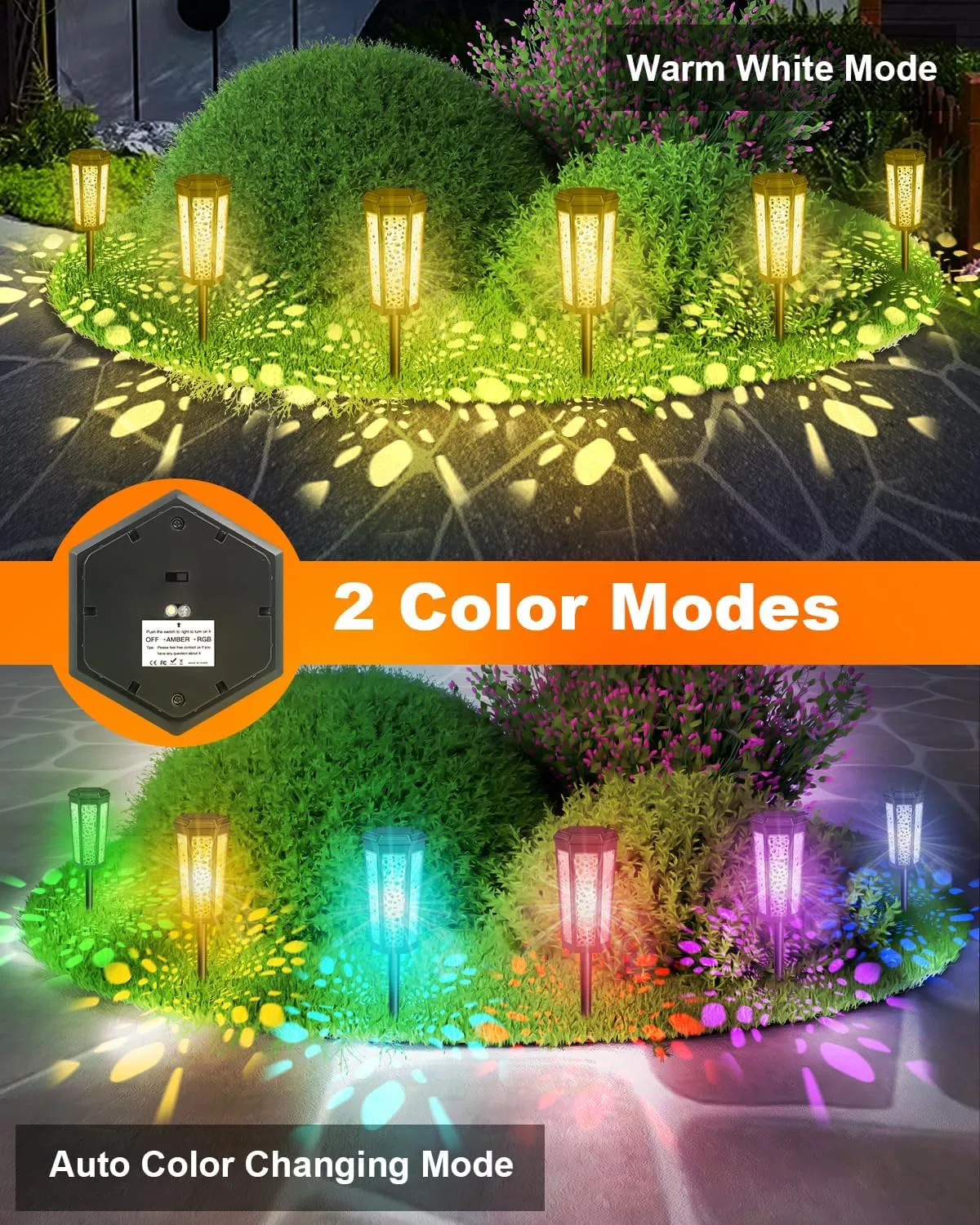 Colored Solar Powered Pathway Landscape Lights Outdoor Warm White & RGB Dusk to Dawn Waterproof for Garden Sideway Outside, Patio, Path, Yard, Walkway, Driveway, 2 Modes 6 Pack Accent Modern Design