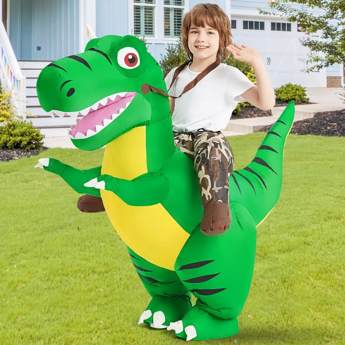 COMIN Inflatable Dinosaur Costume Kids Halloween Blow up Costumes Boys Girls Funny Riding T Rex Air Green Costume Party