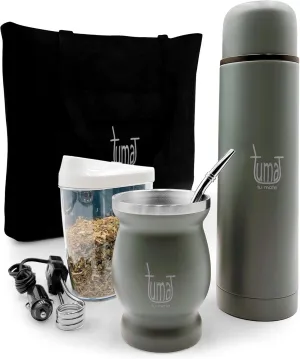 Complete Yerba Mate Kit - Includes Mate Cup, Straw (Bombilla), 750ml Thermos, Bag and two gifts (Container Yerbero and Car Immersion Heater) - Stainless Steel Yerba Mate Set (Gris)