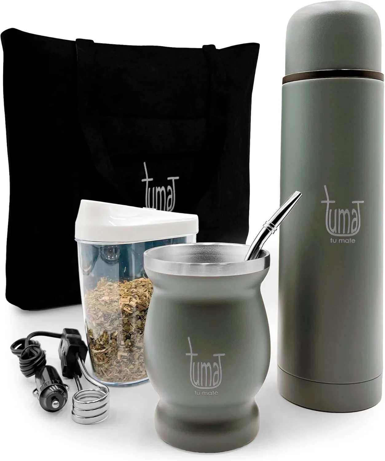 Complete Yerba Mate Kit - Includes Mate Cup, Straw (Bombilla), 750ml Thermos, Bag and two gifts (Container Yerbero and Car Immersion Heater) - Stainless Steel Yerba Mate Set (Gris)