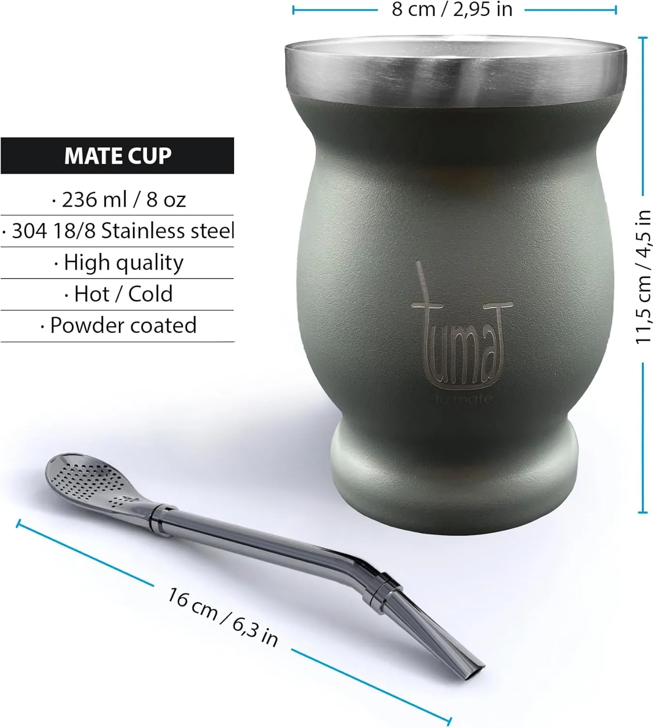 Complete Yerba Mate Kit - Includes Mate Cup, Straw (Bombilla), 750ml Thermos, Bag and two gifts (Container Yerbero and Car Immersion Heater) - Stainless Steel Yerba Mate Set (Gris)