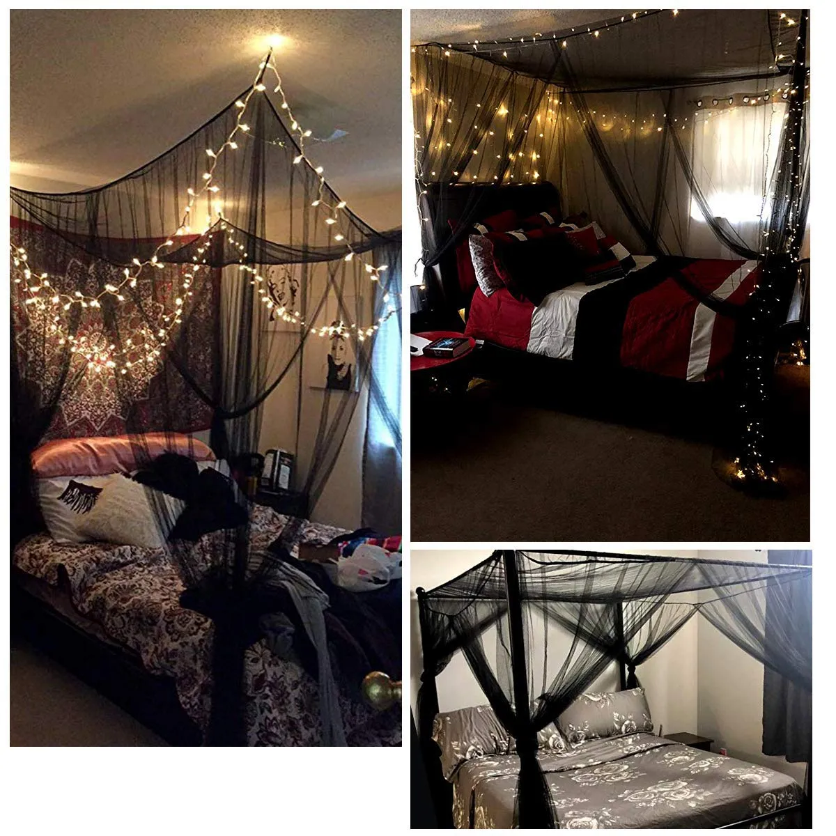 Comtelek Elegant Bed Canopy Mosquito Net Set, Four Corner Post Curtains, Stick Hook &Profession Rope, Screen Netting, Full/Queen/King/Black