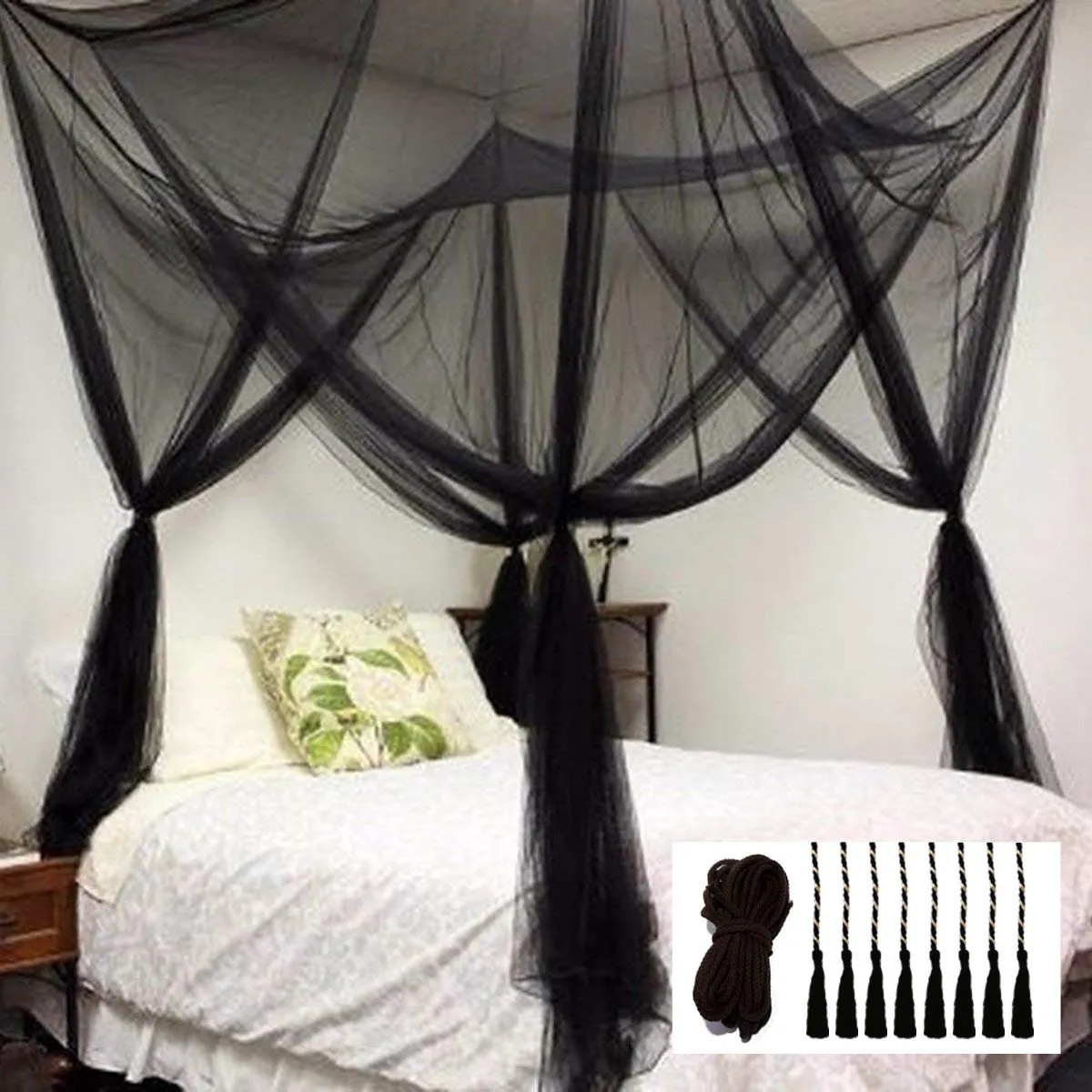 Comtelek Elegant Bed Canopy Mosquito Net Set, Four Corner Post Curtains, Stick Hook &Profession Rope, Screen Netting, Full/Queen/King/Black