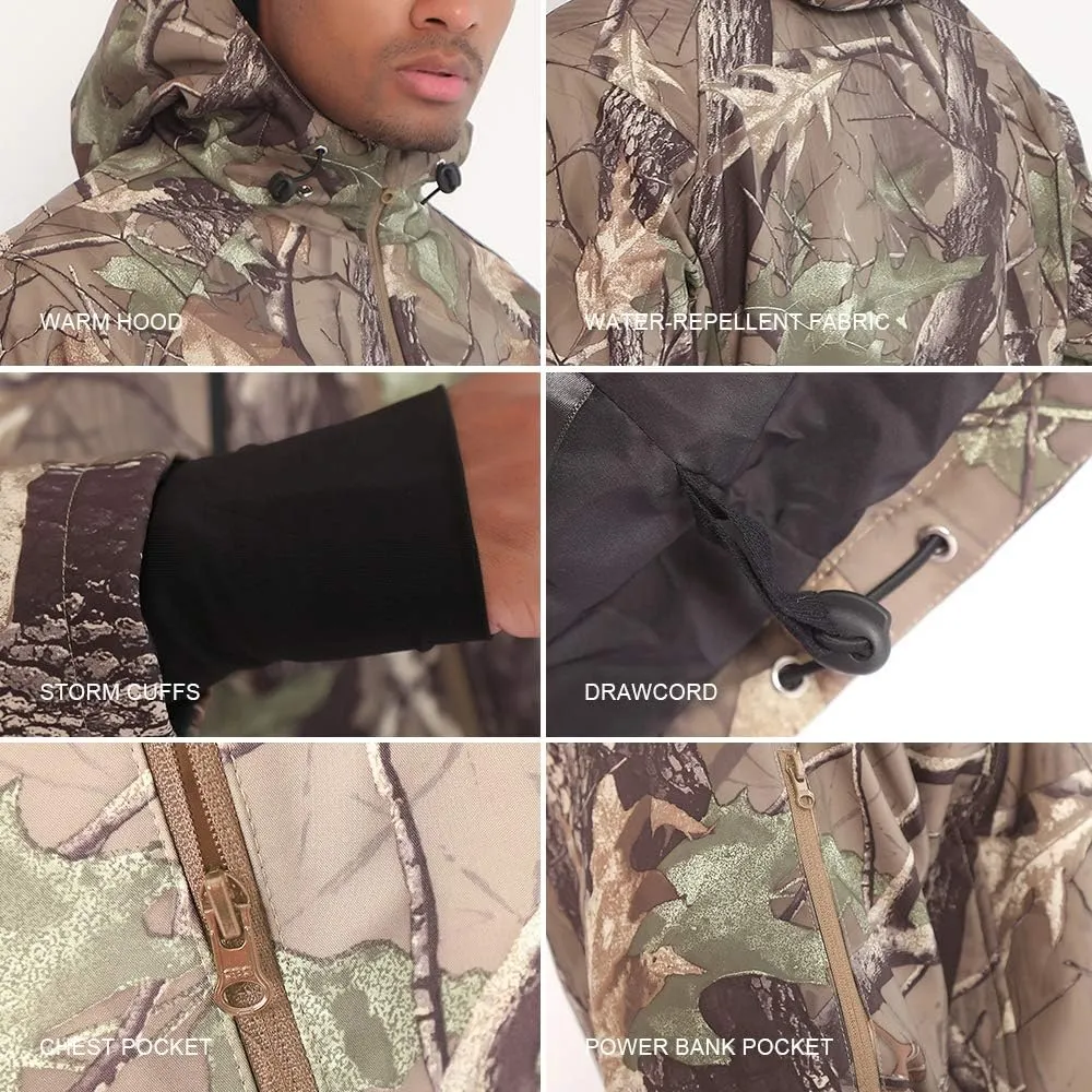 CONQUECO Men's Soft Shell Heated Jacket Waterproof Camo Hunting Hoodie Jacket with Battery Pack