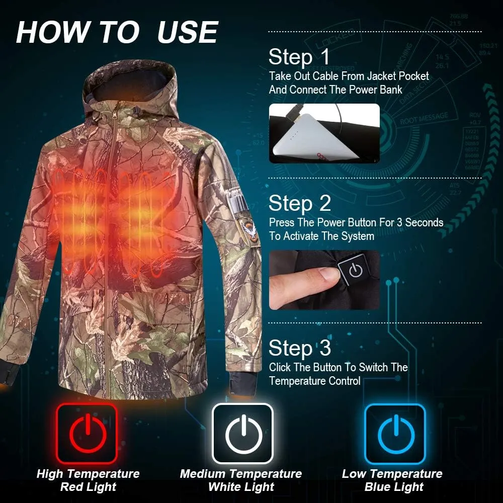 CONQUECO Men's Soft Shell Heated Jacket Waterproof Camo Hunting Hoodie Jacket with Battery Pack