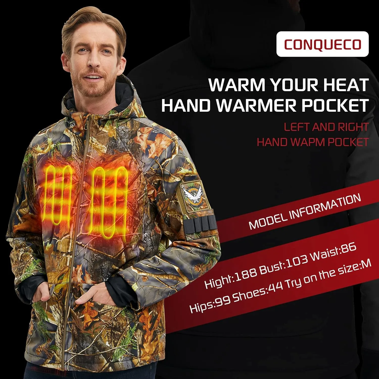 CONQUECO Men's Soft Shell Heated Jacket Waterproof Camo Hunting Hoodie Jacket with Battery Pack