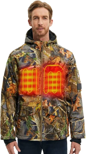 CONQUECO Men's Soft Shell Heated Jacket Waterproof Camo Hunting Hoodie Jacket with Battery Pack