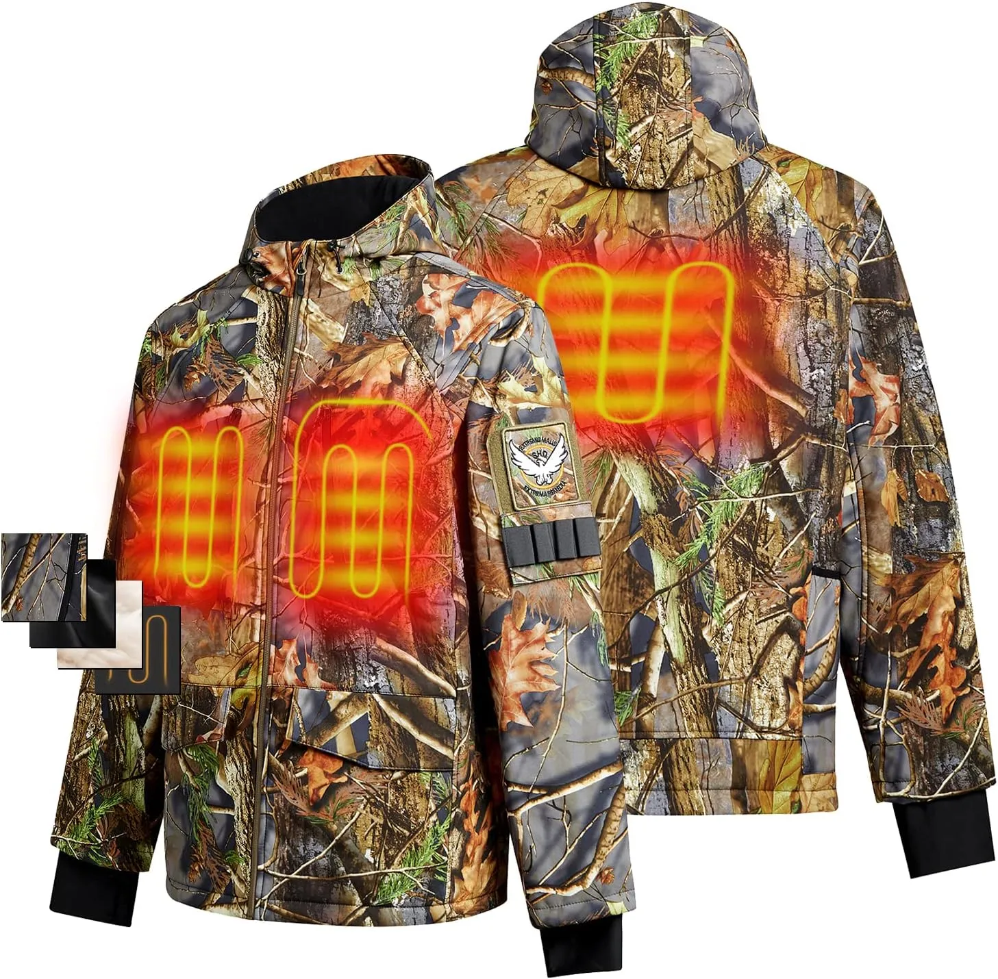 CONQUECO Men's Soft Shell Heated Jacket Waterproof Camo Hunting Hoodie Jacket with Battery Pack
