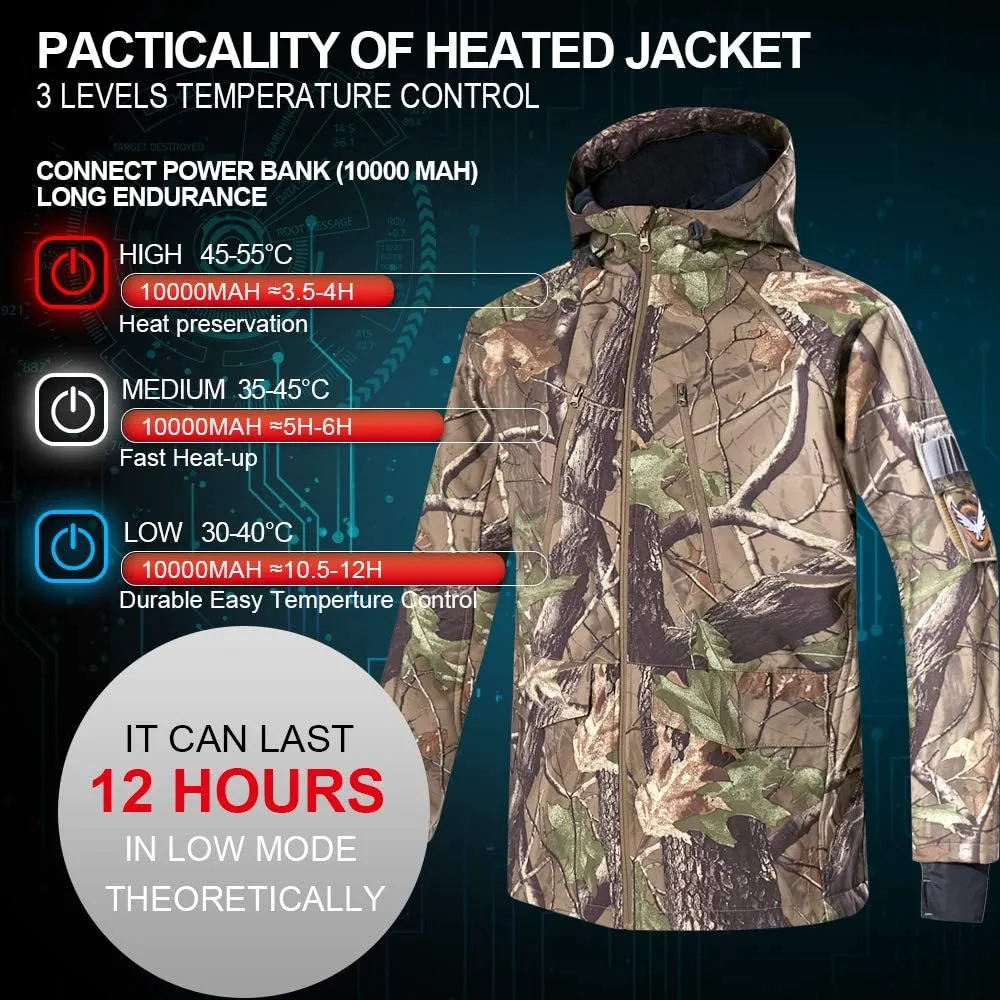 CONQUECO Men's Soft Shell Heated Jacket Waterproof Camo Hunting Hoodie Jacket with Battery Pack