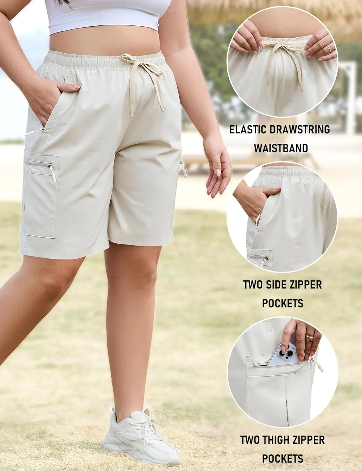 COOTRY Women's Plus Size 9'' Hiking Cargo Shorts Quick Dry Athletic Travel Golf Bermuda Shorts with Zipper Pockets