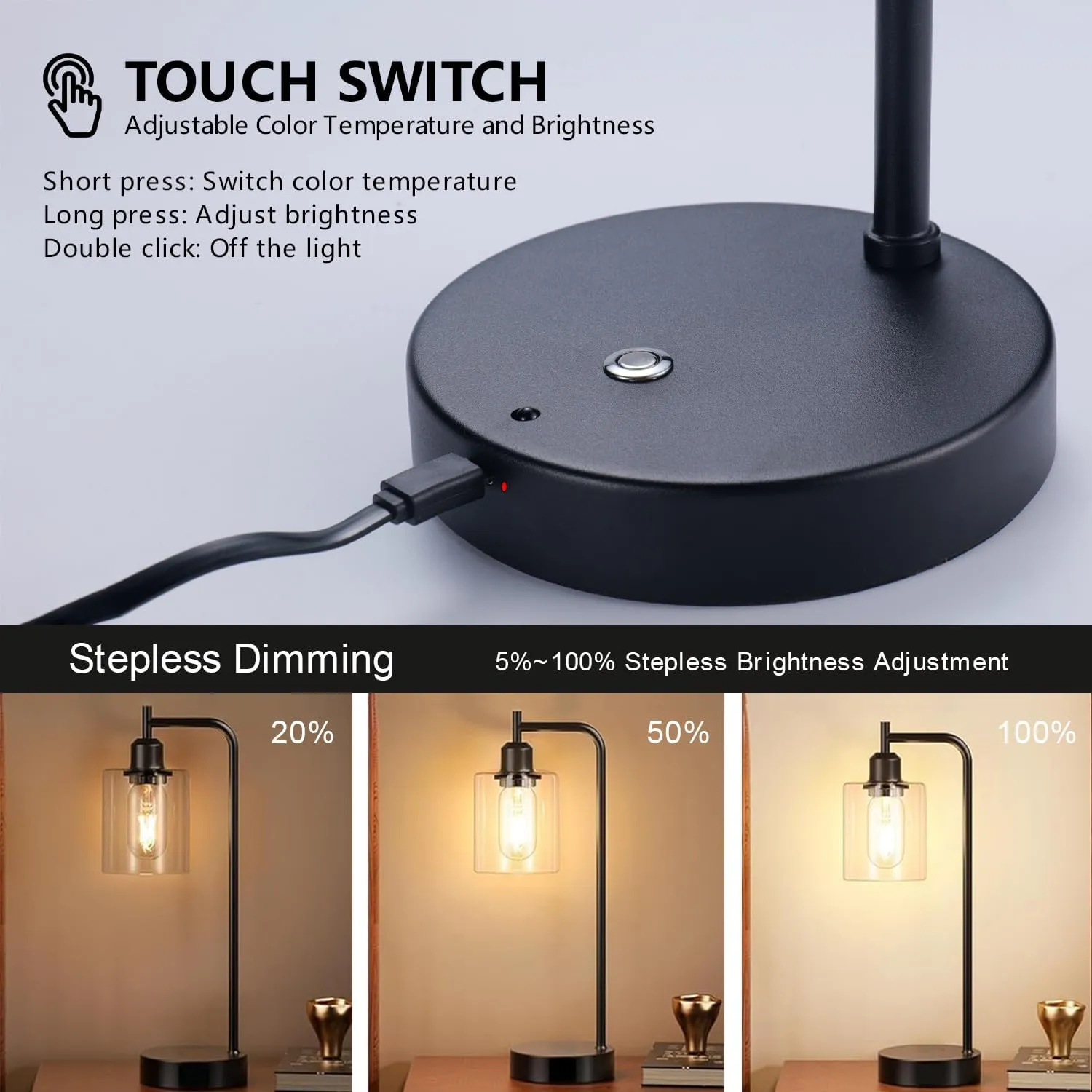 Cordless Table Lamp Rechargeable, 8000mAh Battery Operated Table Lamps with Remote Control, Touch Dimmable Bedside Lamps with Glass Shade, Portable Night Light for Bedroom, Dining Room, Black