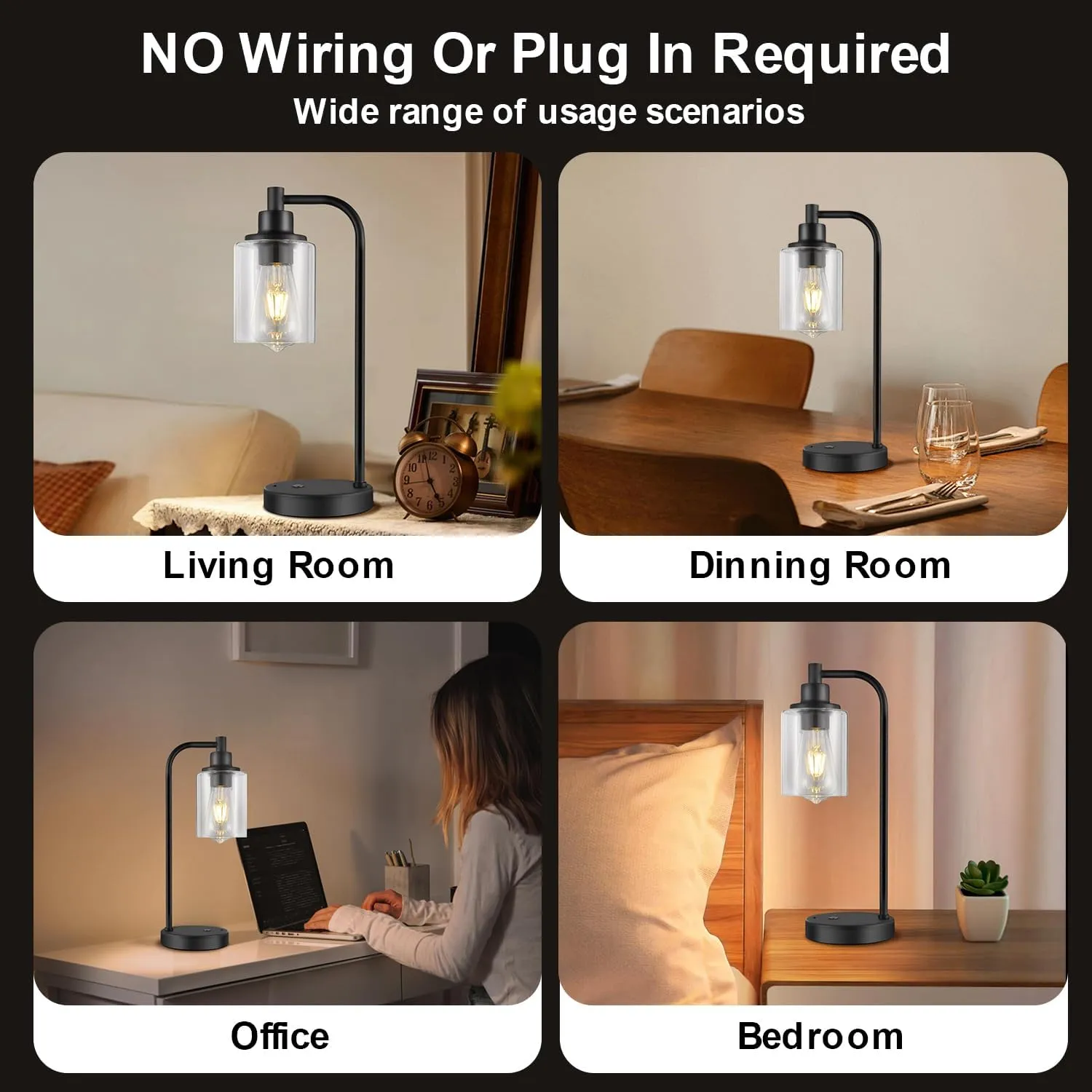 Cordless Table Lamp Rechargeable, 8000mAh Battery Operated Table Lamps with Remote Control, Touch Dimmable Bedside Lamps with Glass Shade, Portable Night Light for Bedroom, Dining Room, Black
