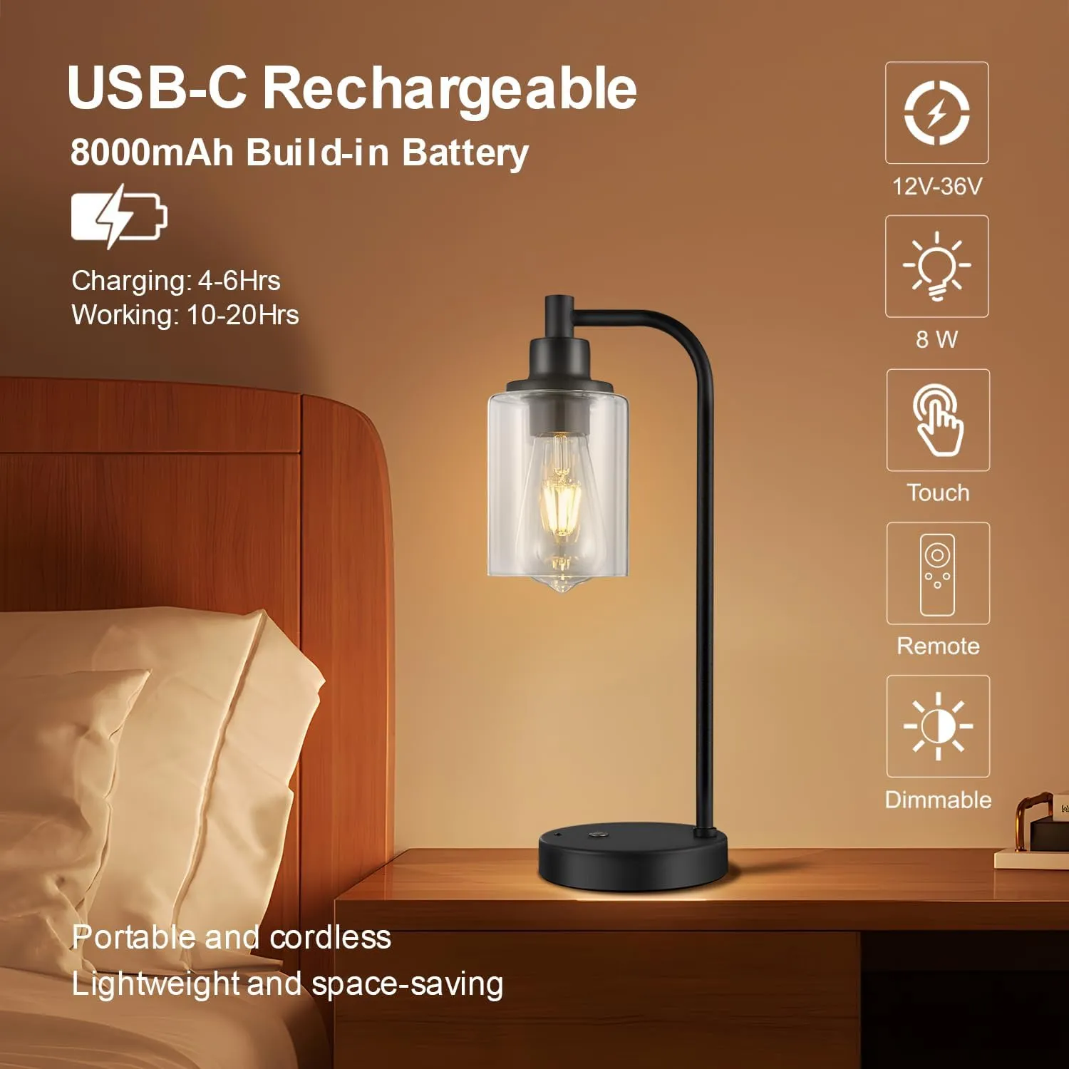 Cordless Table Lamp Rechargeable, 8000mAh Battery Operated Table Lamps with Remote Control, Touch Dimmable Bedside Lamps with Glass Shade, Portable Night Light for Bedroom, Dining Room, Black