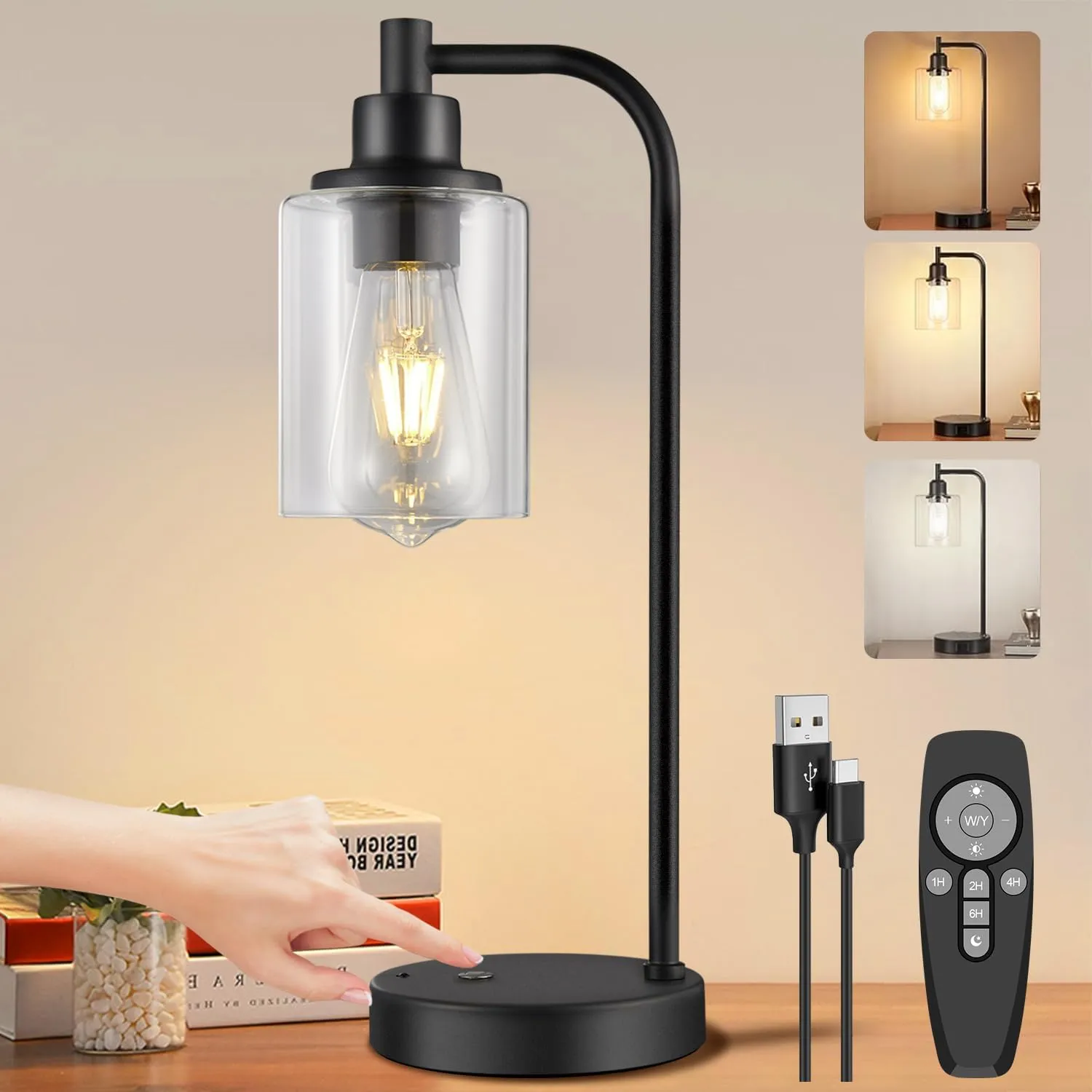 Cordless Table Lamp Rechargeable, 8000mAh Battery Operated Table Lamps with Remote Control, Touch Dimmable Bedside Lamps with Glass Shade, Portable Night Light for Bedroom, Dining Room, Black