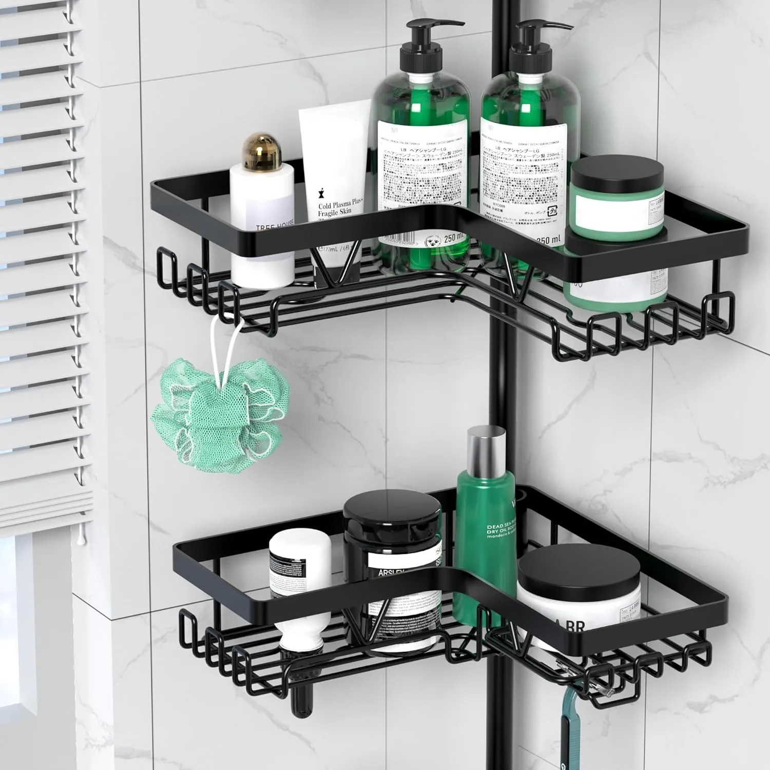 Corner Shower Caddy Tension Pole - 4 Tier Stainless Steel Rustproof Shower Corner Caddy for Bathroom Shower Organizer Shelves Adjustable Pole 25-114.2 Inch Black