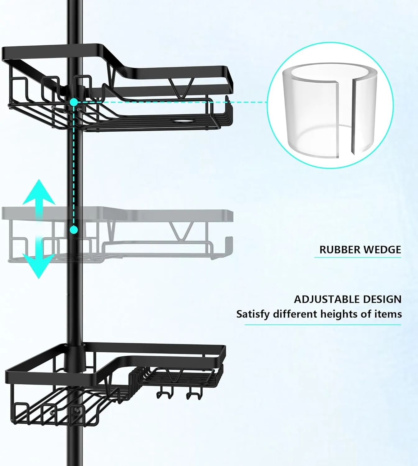 Corner Shower Caddy Tension Pole - 4 Tier Stainless Steel Rustproof Shower Corner Caddy for Bathroom Shower Organizer Shelves Adjustable Pole 25-114.2 Inch Black