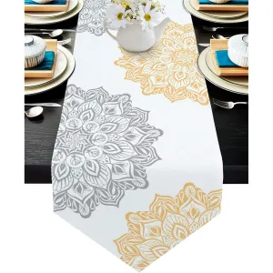 Cotton Linen Burlap Table Runner Dresser Scarf Elegant Dahlia Flower Yellow Grey Table Runner for Dining Table Farmhouse Kitchen Decor Dinner Holiday Party Wedding Event Decoration 14 x 72 Inch