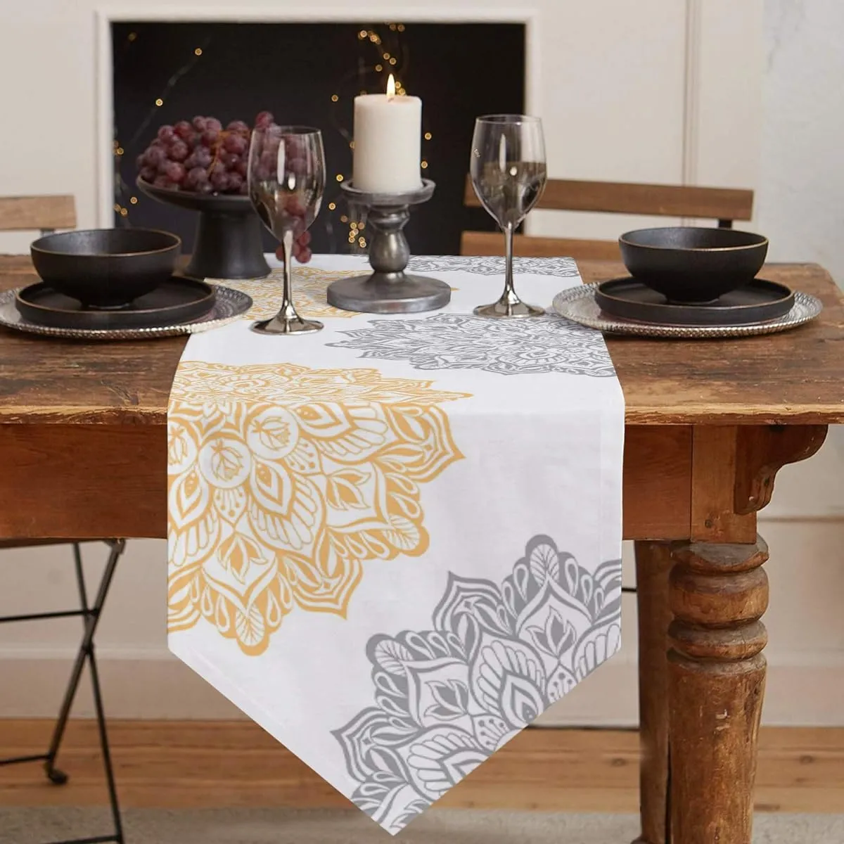 Cotton Linen Burlap Table Runner Dresser Scarf Elegant Dahlia Flower Yellow Grey Table Runner for Dining Table Farmhouse Kitchen Decor Dinner Holiday Party Wedding Event Decoration 14 x 72 Inch
