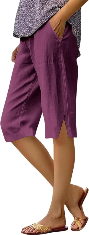 Cotton Linen Shorts Women with Pockets Elastic Waist Lightweight Summer Bermuda Shorts for Women Knee Length