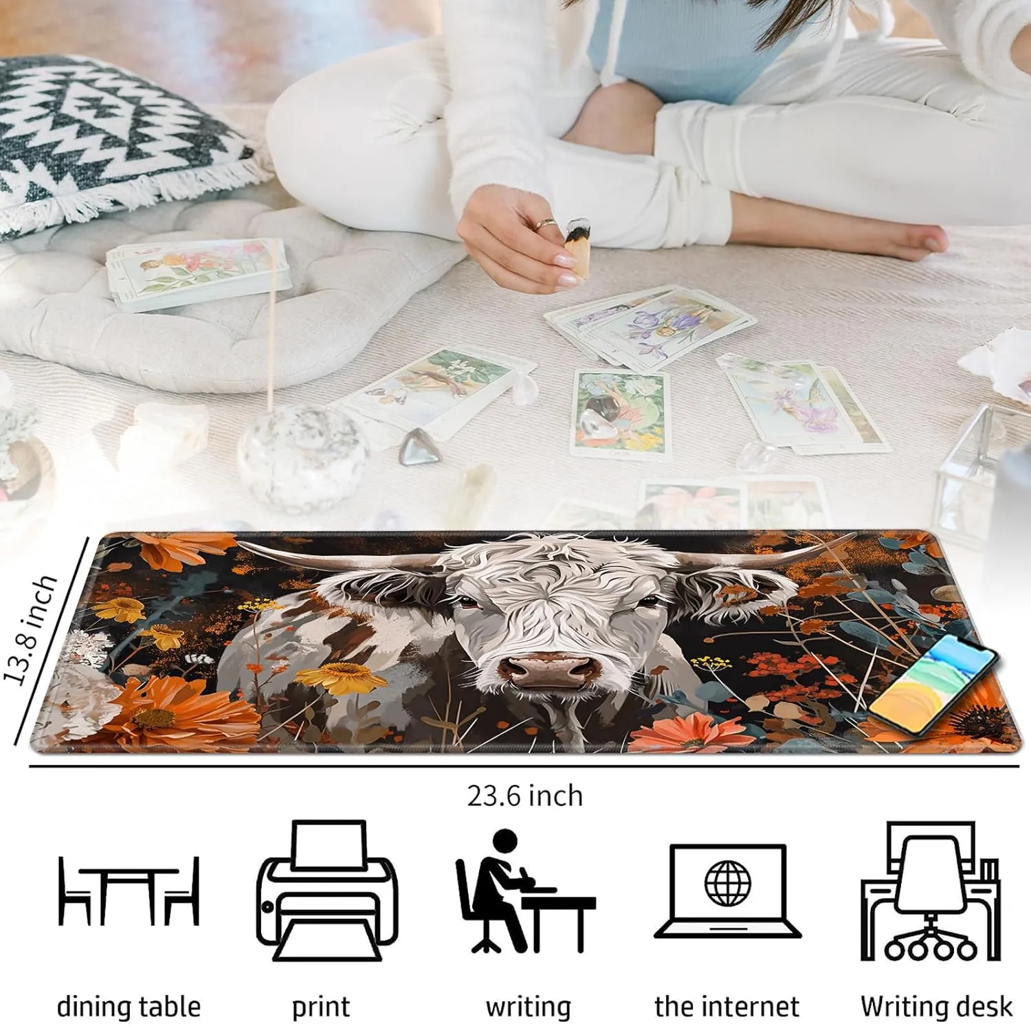 Cow and Flower for MTG & TCG Playmat Mouse Pad,BFDHGQZC 24" x 14" Game Mat for MTG/RPG/CCG Trading Card Game Playmats Table Mat Perfect for Card Games Video Games Computer Office