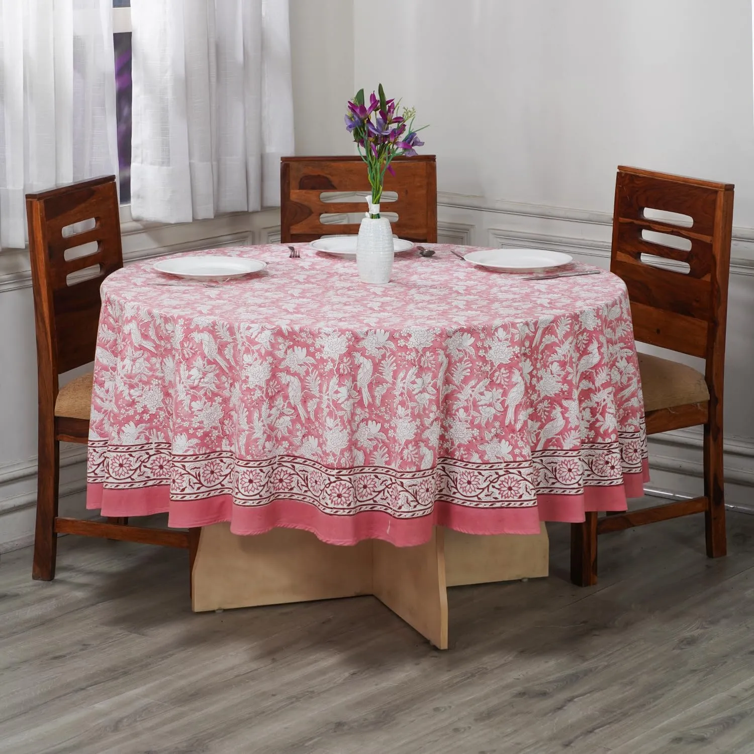 CPC Round Tablecloth- Cotton Indian Block Print Tablecloth -Handmade Printed Washable Cotton Table Cloth - Spring/Summer, Weding Table Cover - Coral Pink 110 Inch