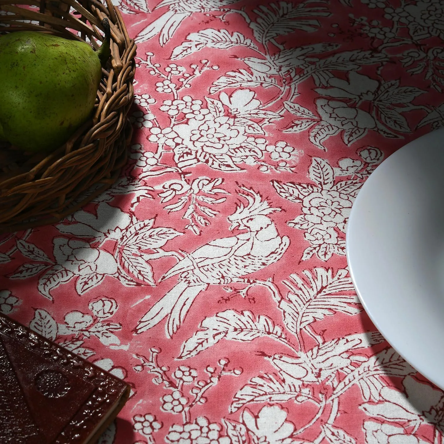 CPC Round Tablecloth- Cotton Indian Block Print Tablecloth -Handmade Printed Washable Cotton Table Cloth - Spring/Summer, Weding Table Cover - Coral Pink 110 Inch