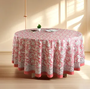 CPC Round Tablecloth- Cotton Indian Block Print Tablecloth -Handmade Printed Washable Cotton Table Cloth - Spring/Summer, Weding Table Cover - Coral Pink 110 Inch
