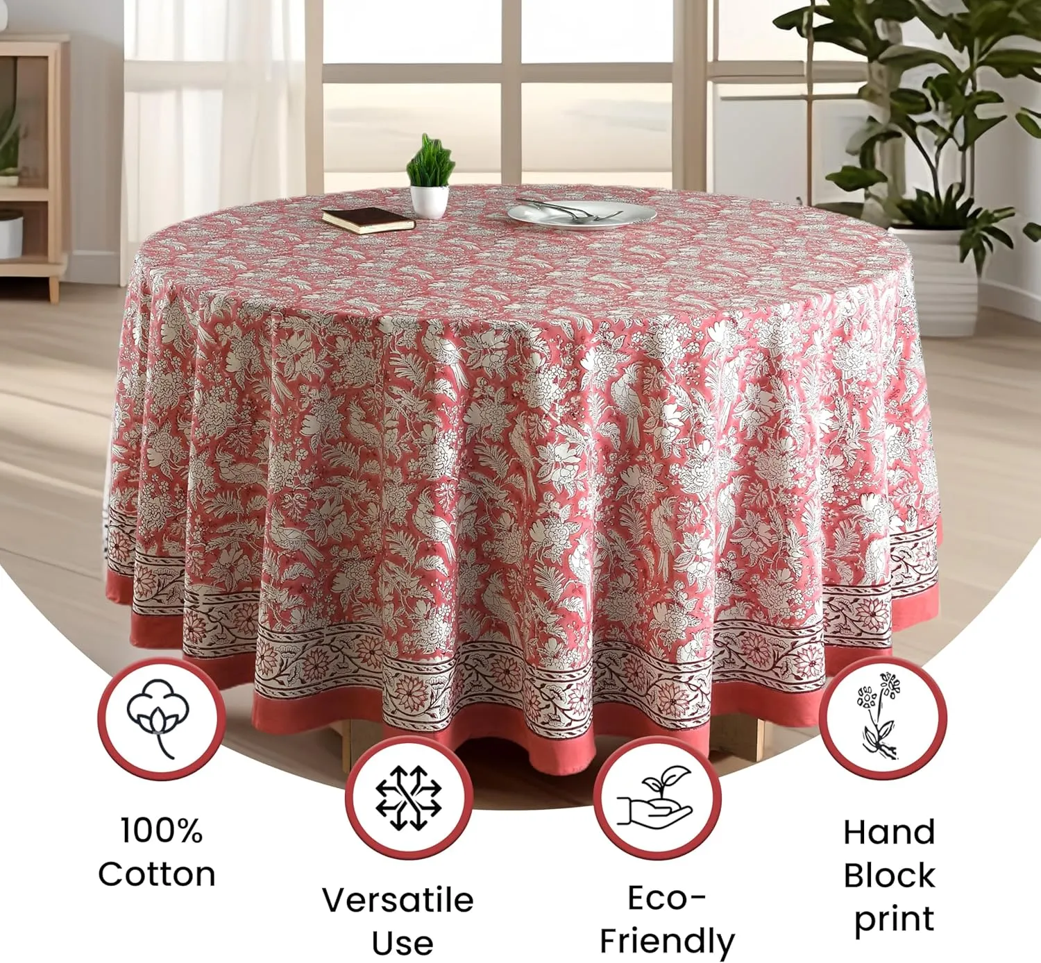 CPC Round Tablecloth- Cotton Indian Block Print Tablecloth -Handmade Printed Washable Cotton Table Cloth - Spring/Summer, Weding Table Cover - Coral Pink 110 Inch