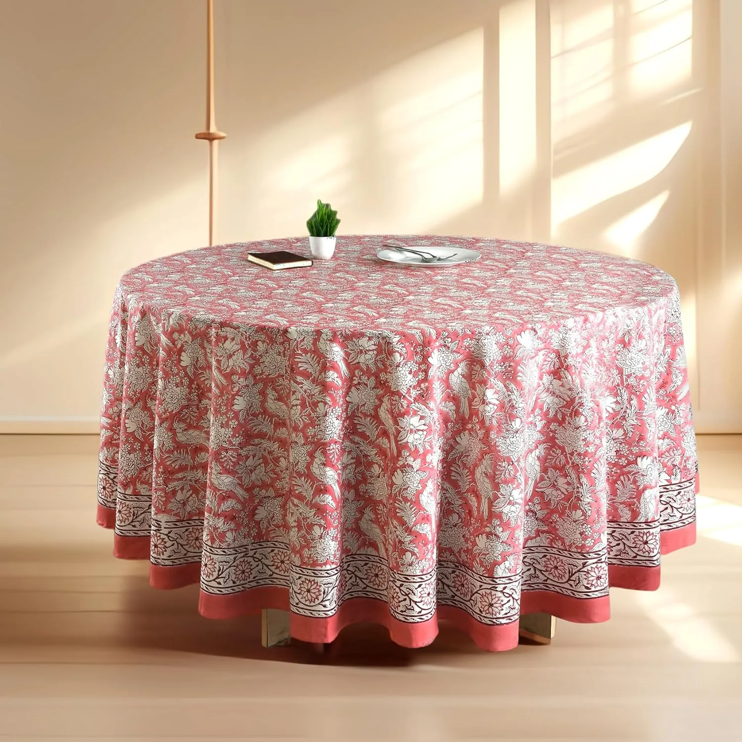 CPC Round Tablecloth- Cotton Indian Block Print Tablecloth -Handmade Printed Washable Cotton Table Cloth - Spring/Summer, Weding Table Cover - Coral Pink 110 Inch